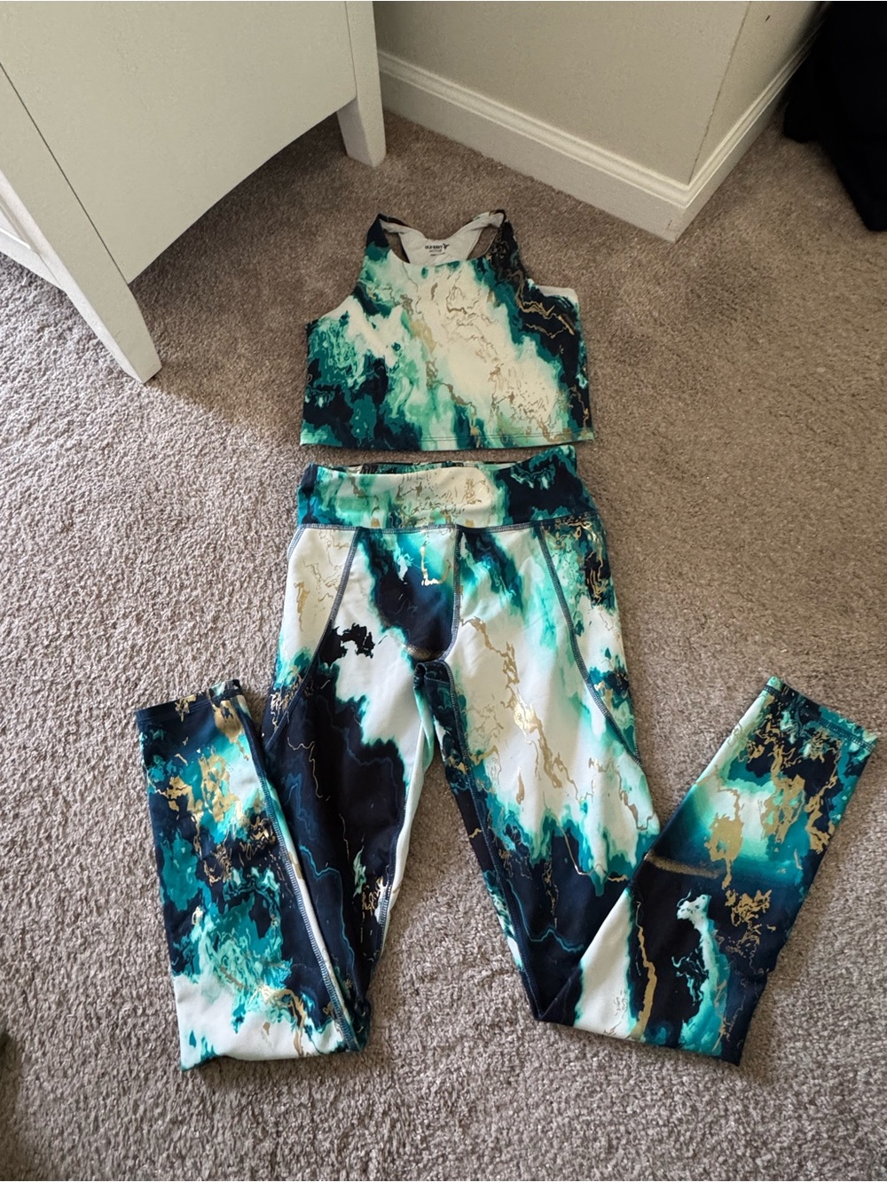 Girl’s High-Waist Marble Print Leggings & Crop Tank Set